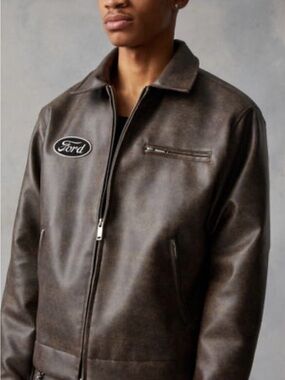 NWOT Ford Brown Faux Leather Bomber Jacket with Chest Zip Pocket